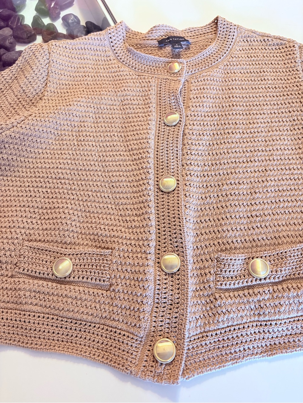 Ann Taylor Beige Crochet Button-Front Cardigan